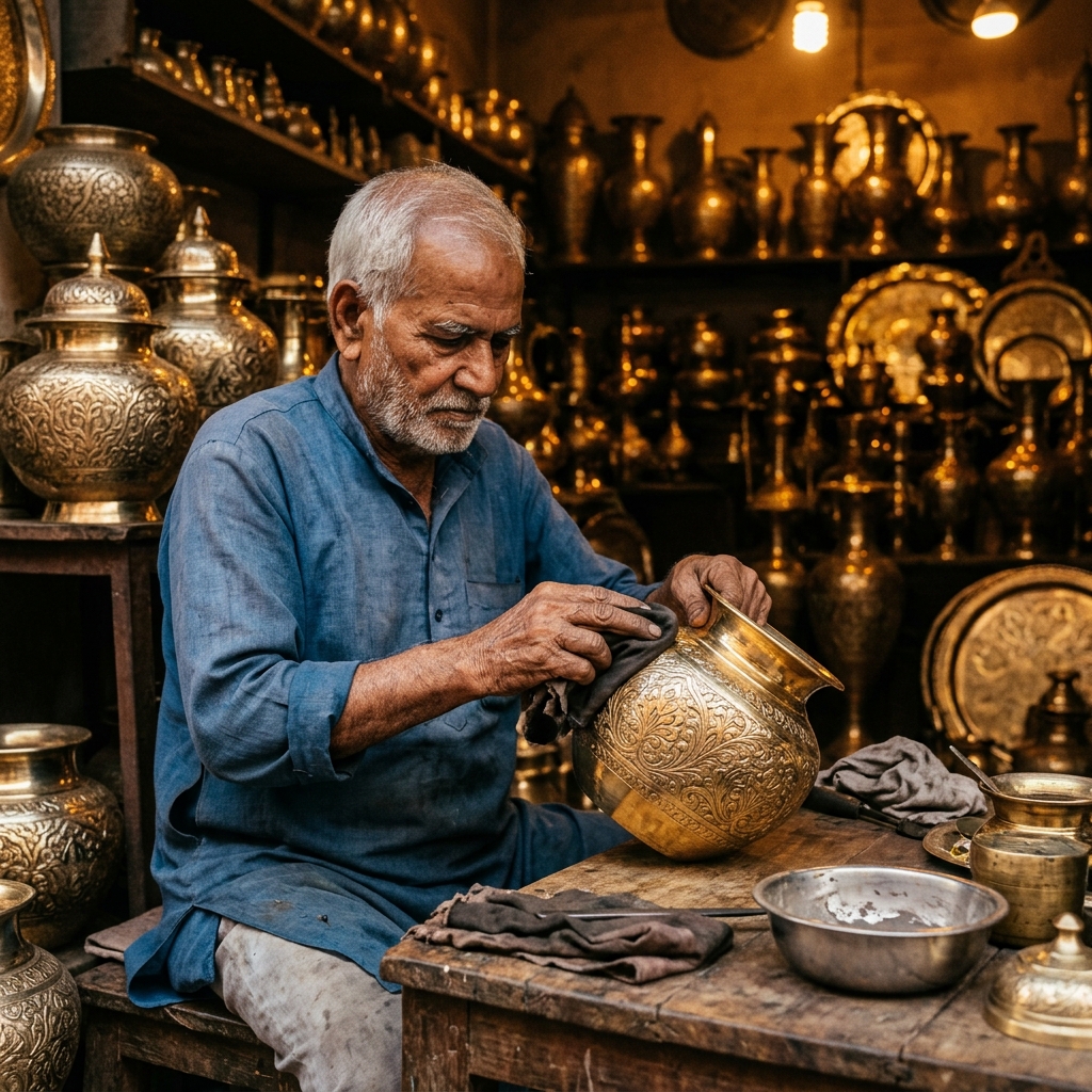 Artisan polishing handcrafted brass vessel — Moradabad, Uttar Pradesh