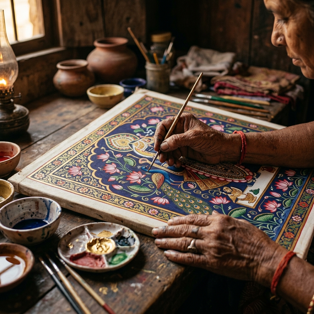 Artisan painting intricate Pichwai artwork by hand — Nathdwara, Rajasthan