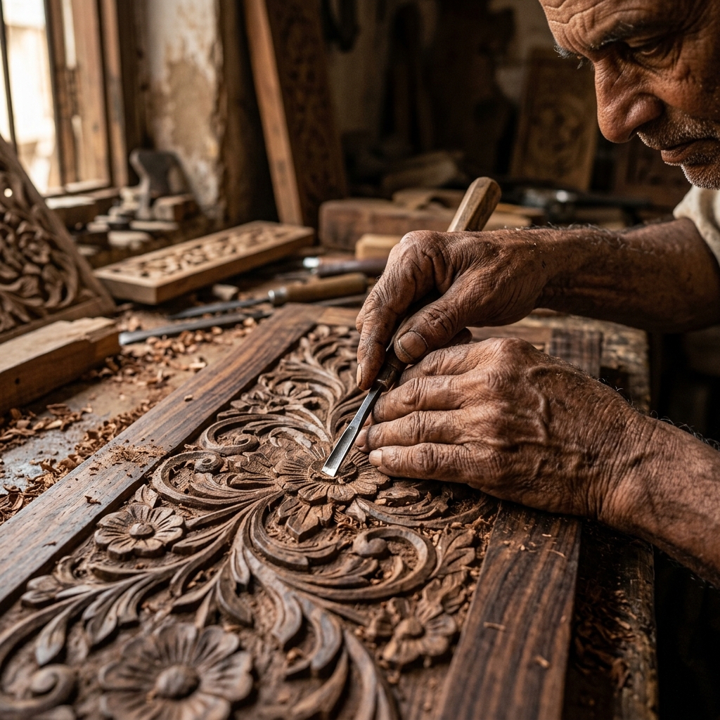Master artisan carving intricate floral patterns into wood — Saharanpur, Uttar Pradesh